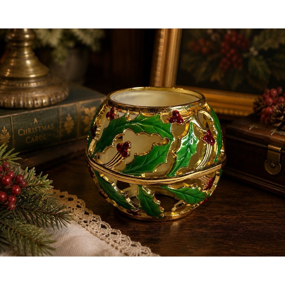 Lenox Holiday Gold Votive Holly and Berries Candle Holder Tea Light 3.5" Metal